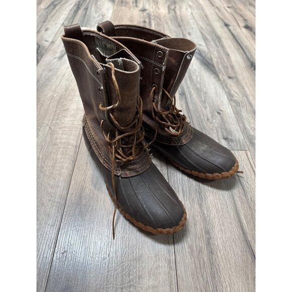 L.L. Bean Brown Leather Duck Boots L 9 Raw Hide Lace-Up Waterproof Outdoor Hunti - Picture 1 of 13